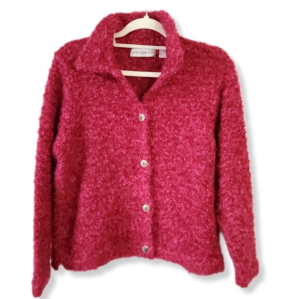 VTG 90s Marisa Christina Fluffy Pink Sweater Cardigan M Cozy Granny Cabin Soft